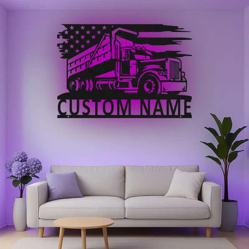 Décoration murale en métal LED personnalisée pour camion-benne - Cadeau pour passionnés de camions, décoration de garage ou de salle de jeux