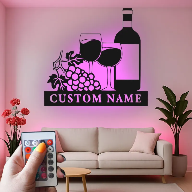 Cartel de metal LED de botella de vino y copas personalizado regalo para amantes del vino decoración de cocina o bar