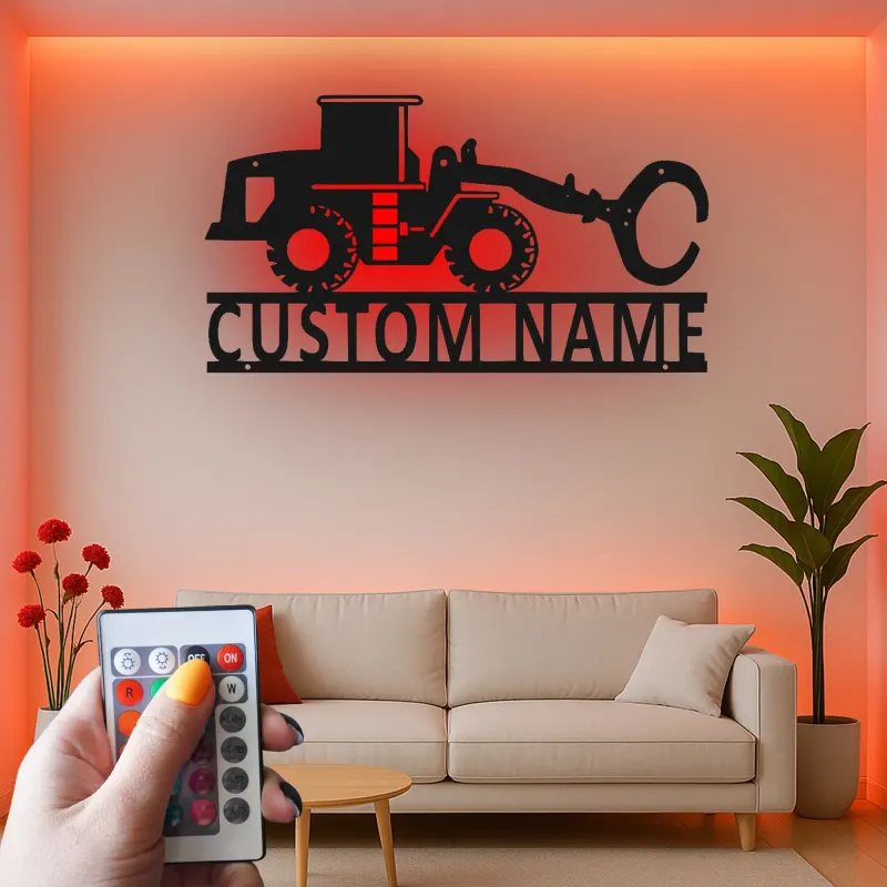Décoration murale en métal LED personnalisée pour excavateur - Cadeau pour passionnés de construction, décoration de garage ou de bureau