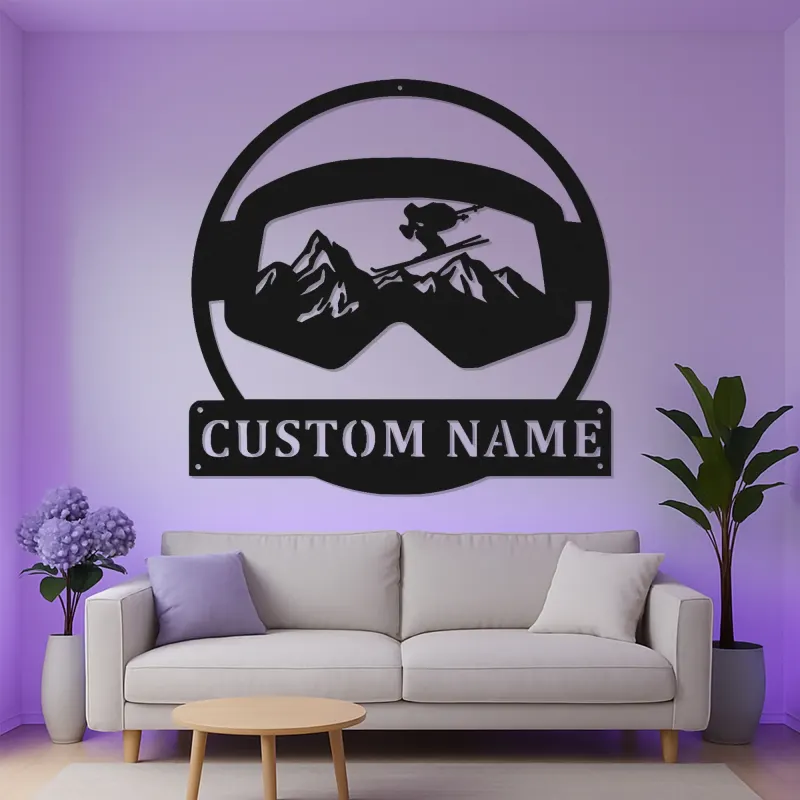Panneau LED de ski personnalisé | Art mural en métal de skieur avec lunettes | Décor de chalet et cadeau unique pour les amateurs de ski