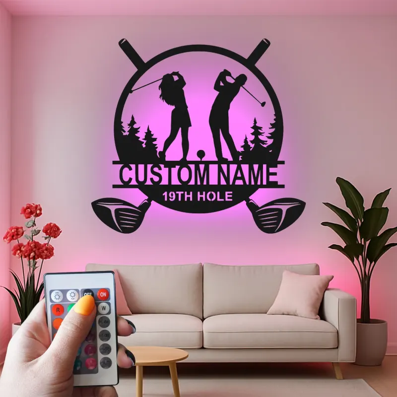 Enseigne de golf personnalisée avec LED | Décoration murale en métal sur mesure pour man cave | Cadeau pour couple golfeur 19e trou