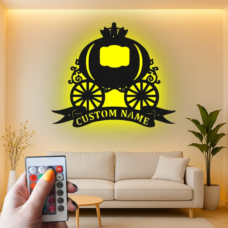 Cartel de carroza de calabaza personalizado | Arte mural de metal para guardería | Decoración temática de princesa con luces LED para habitación de niña