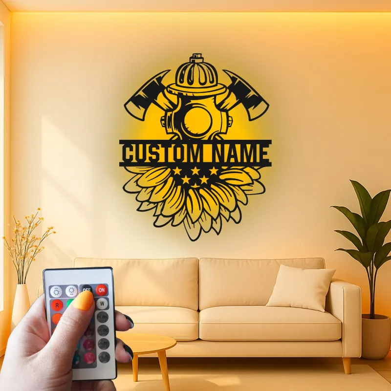 Custom Firefighter Metal Sign with LED | Personalized Fire Dept. Wall Art | Fireman Gift for Home or Station with Sunflower Decor