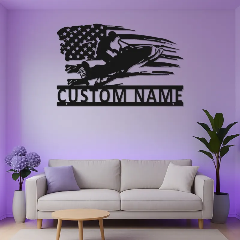 Art Mural Métallique Personnalisé Motoneige | Plaque LED Drapeau Américain Personnalisée | Décor Man Cave & Garage | Cadeau pour Passionné de Motoneige