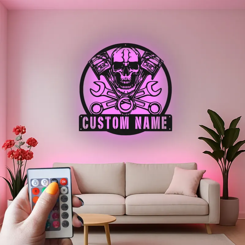 Insegna LED con Teschio per Meccanico | Arte Murale in Metallo Personalizzata per Garage | Decorazione per Biker e Man Cave con Luci RGB
