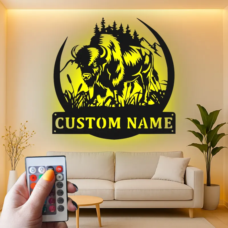 Décoration murale en métal LED personnalisée Bison Cadeau faunique pour les amoureux de la nature Décor de chalet ou de lodge