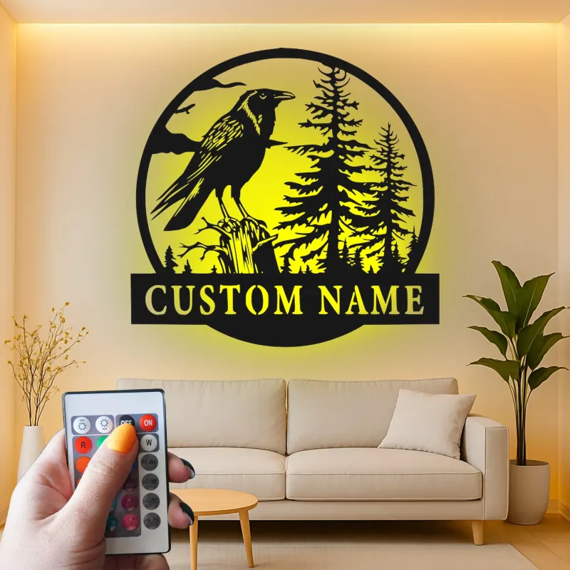 Décoration murale en métal LED de corbeau | Panneau nominatif personnalisé pour décor de cabane | Silhouette de faune forestière personnalisée | Cadeau pour amoureux de la nature