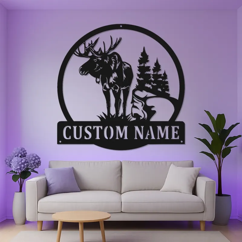 Panneau en métal personnalisé avec élan et lumières LED | Art mural personnalisé pour cabane | Décoration rustique de forêt et de faune | Cadeau pour chalet de chasseur