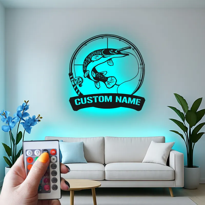 Cartel de Pesca Personalizado con LED | Arte Mural de Metal para Pescadores | Decoración para Casa de Campo y Cueva de Hombre