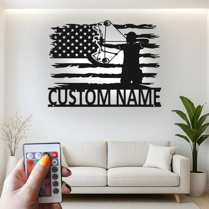 Personalisierte Bogenschießen Amerikanische Flagge LED Licht Metall Wandkunst Einzigartiges Geschenk für Bogenschützen Man Cave oder Garagen Dekor