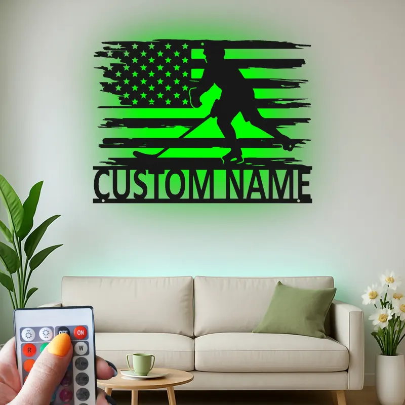 Personalized Hockey Player Metal Sign | Custom Name LED Wall Art with USA Flag | Game Room Decor for Sports Fan