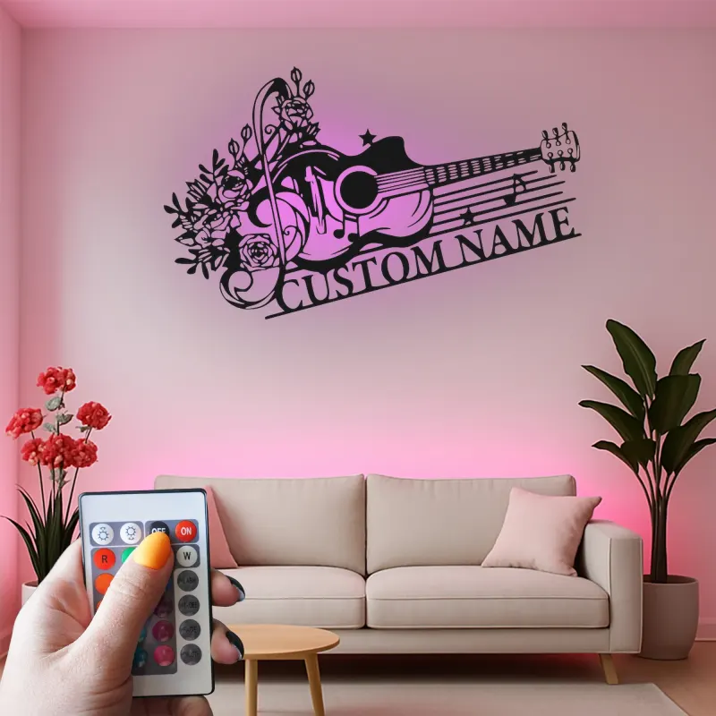 Personalized Guitar LED Sign | Custom Metal Wall Art for Music Room | Floral Musician Gift | Boho Home Decor