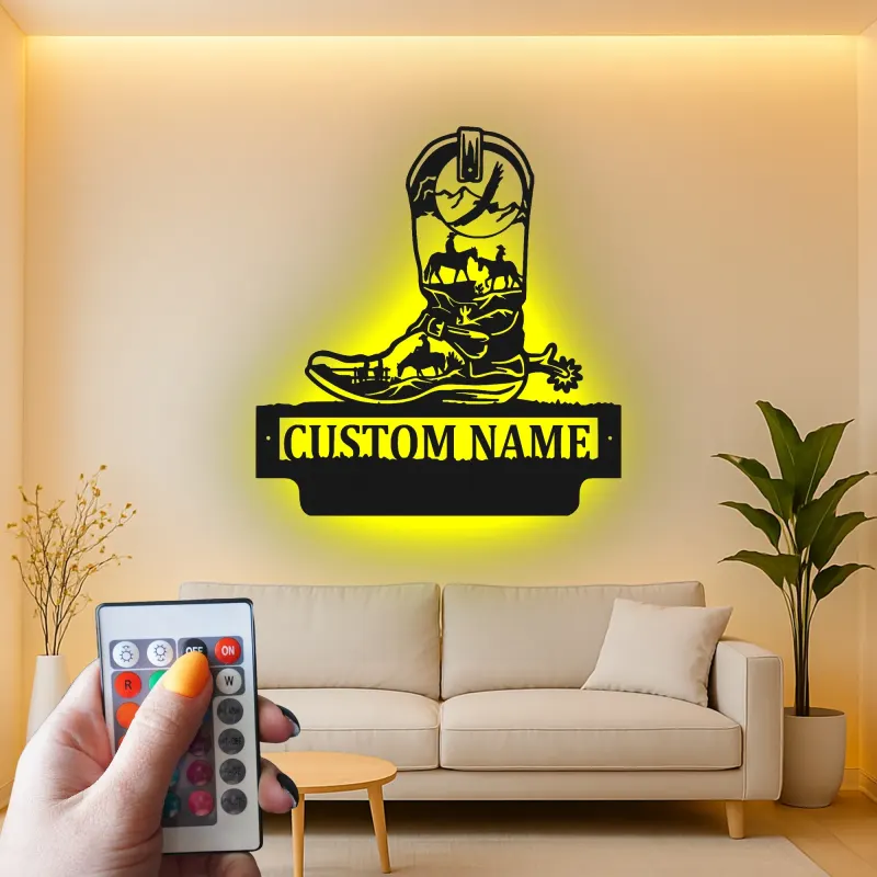 Custom Cowboy Boot Led Light Metal Wall Art Western Gift for Ranchers Rustic Farmhouse Decor