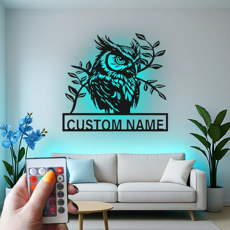 Arte murale LED in metallo con gufo reale | Insegna personalizzata con nome per amanti della natura | Decorazione realistica con silhouette di uccello selvatico