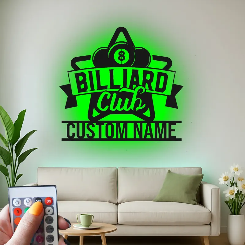 Custom Billiard Club Led Light Metal Wall Art Personalized Gift for Pool Players Game Room Decor