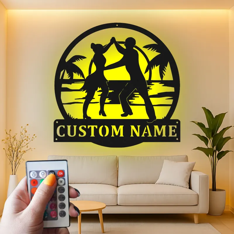 Cartel de metal personalizado con pareja de baile y luz LED, regalo personalizado para bailarines, decoración para salón o playa