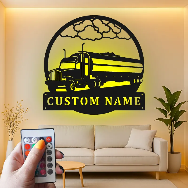 Personalized Trucker LED Sign | Custom Semi Truck Metal Wall Art | Big Rig Silhouette for Man Cave | Gift for Driver