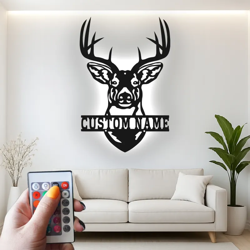 Décoration murale en métal personnalisée avec tête de cerf, rétroéclairage LED, cadeau pour chasseurs, décoration de lodge rustique