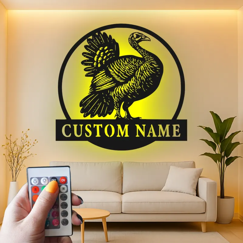 Décoration murale en métal LED personnalisée avec dinde - Cadeau pour chasseurs, décoration de ferme rustique