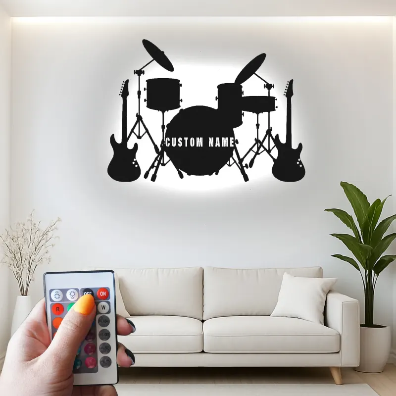 Custom Drum Set Led Light Metal Wall Art Personalized Musician Gift Studio or Music Room Decor 2