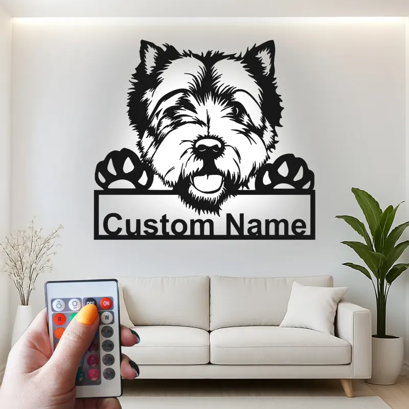Cartel de metal personalizado con luz LED de perro Terrier, regalo para padres de mascotas, decoración para salón o entrada 1