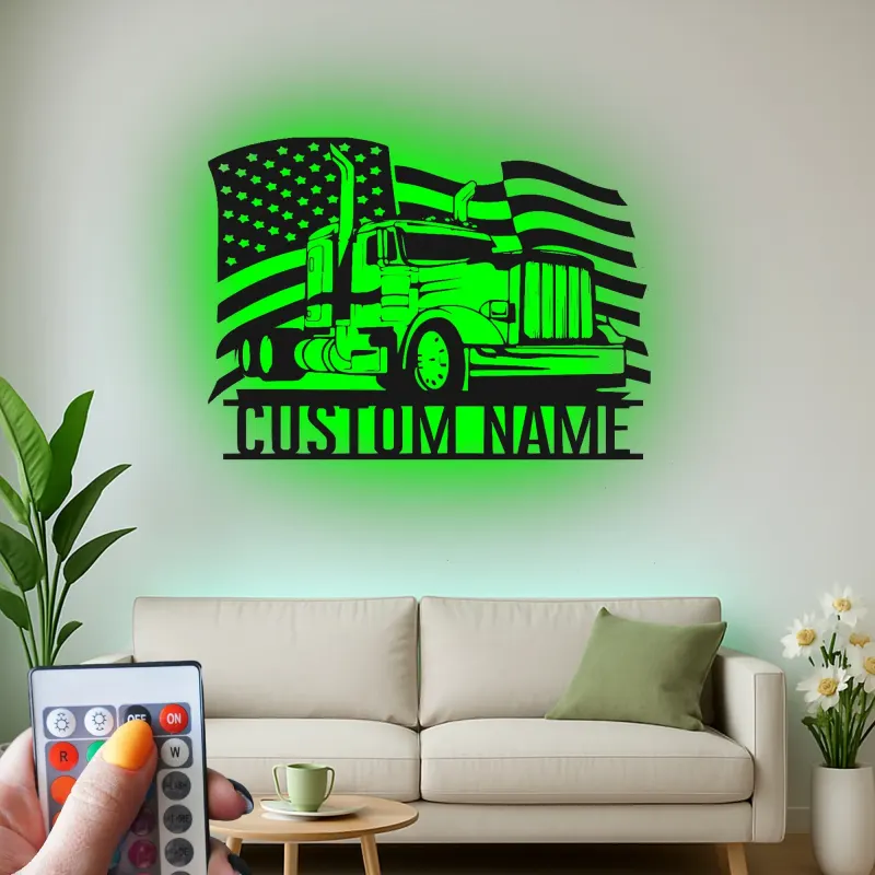 Panneau Trucker Personnalisé | Art Murale Métal Drapeau Américain LED | Cadeau Personnalisé pour Conducteur de Camion Semi | Décor Man Cave