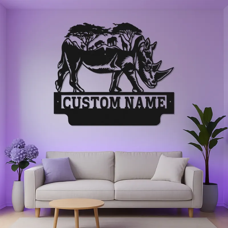 Custom Rhino Safari Metal Sign | LED Backlit Wildlife Wall Art | Personalized Animal Decor | Premium Laser Cut Gift
