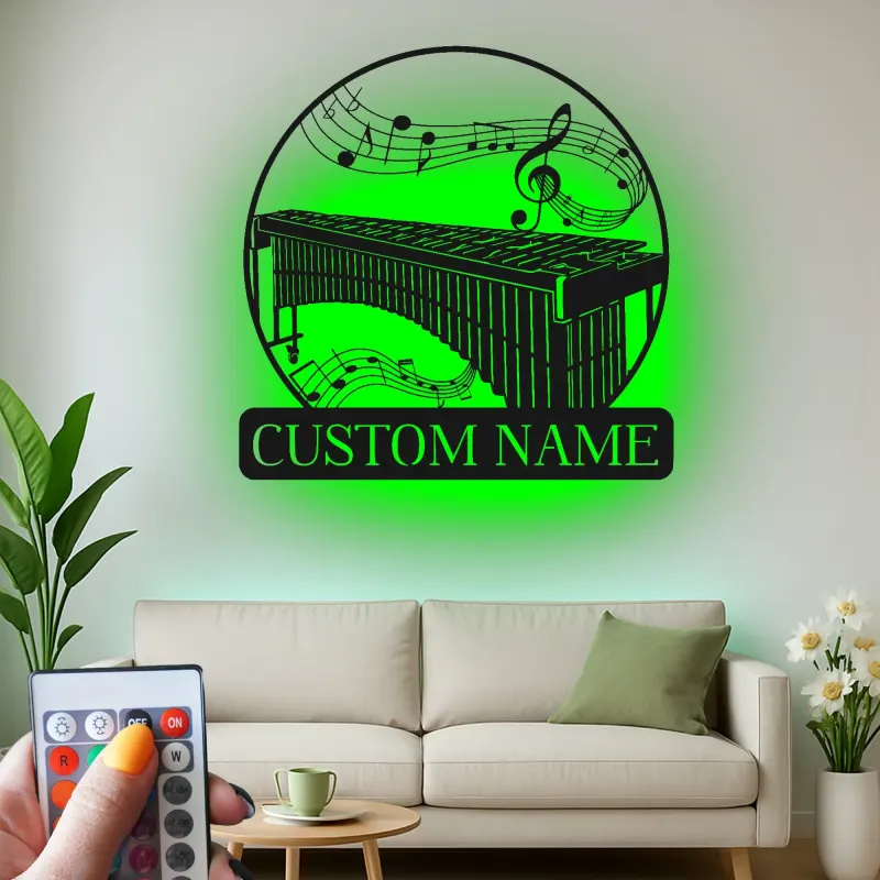 Arte in Metallo Personalizzata per Marimba | Decorazione per Stanza Musicale con Luce LED | Insegna con Nome Personalizzata per Studio