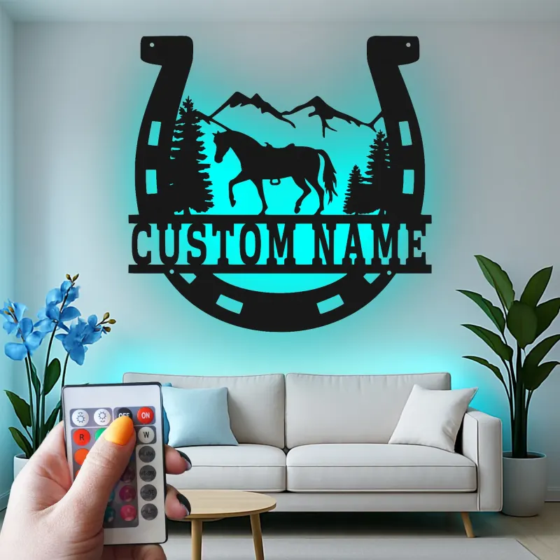 Custom Horse Metal Wall Art | Personalized Horseshoe LED Sign | Rustic Ranch & Barn Decor | Gift for Equestrian