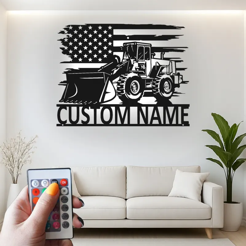 Custom Bulldozer American Flag Led Light Metal Wall Art Construction Gift for Him Garage or Workshop Decor
