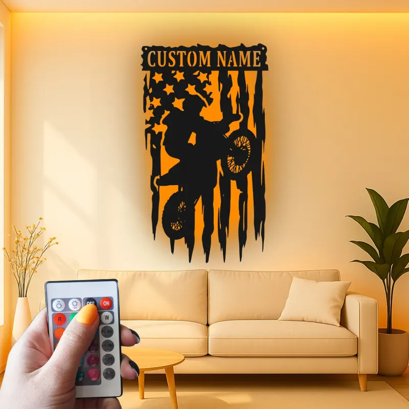 Personalized Motocross Metal Art | LED Dirt Bike American Flag Sign | Custom Name Wall Decor for Teen Boy Bedroom or Garage Gift