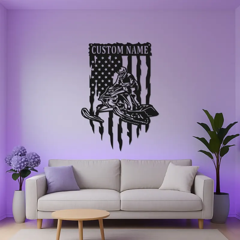 Custom Snowmobile Metal Sign | Personalized American Flag LED Wall Art | Winter Sports Decor Gift for Him | Garage & Man Cave Sign