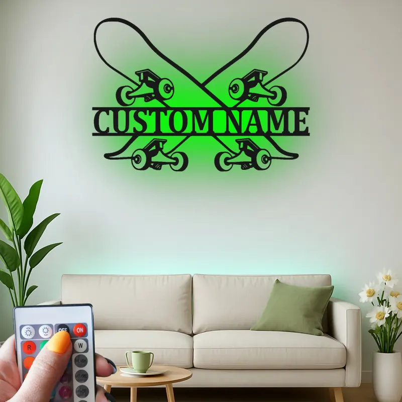 Panneau LED personnalisé avec skateboards croisés | Décoration murale skateur personnalisée | Déco chambre ado | Cadeau original pour board