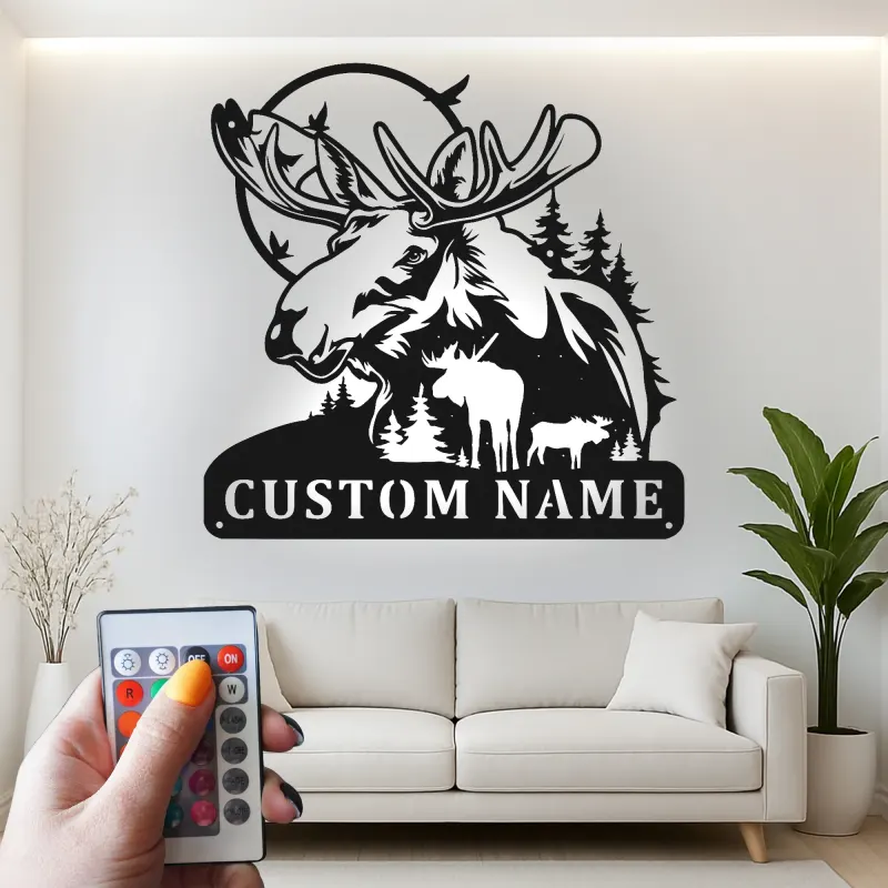 Custom Moose Family LED Metal Sign | Personalized Wildlife Wall Art | Rustic Cabin Decor for Nature Lovers & Hunters