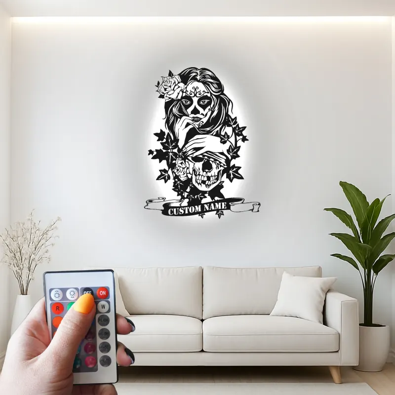 Sugar Skull LED Metal Sign | Personalized Gothic Wall Art | Custom Name Decor for Tattoo Studio & Salon