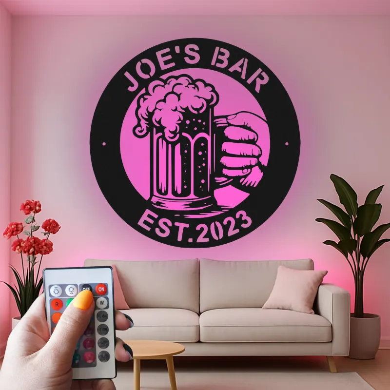 Décoration murale en métal personnalisée Chope de Bière avec Rétroéclairage - Cadeau de Bar pour Lui, Décor de Bar à Domicile ou de Cave à Hommes