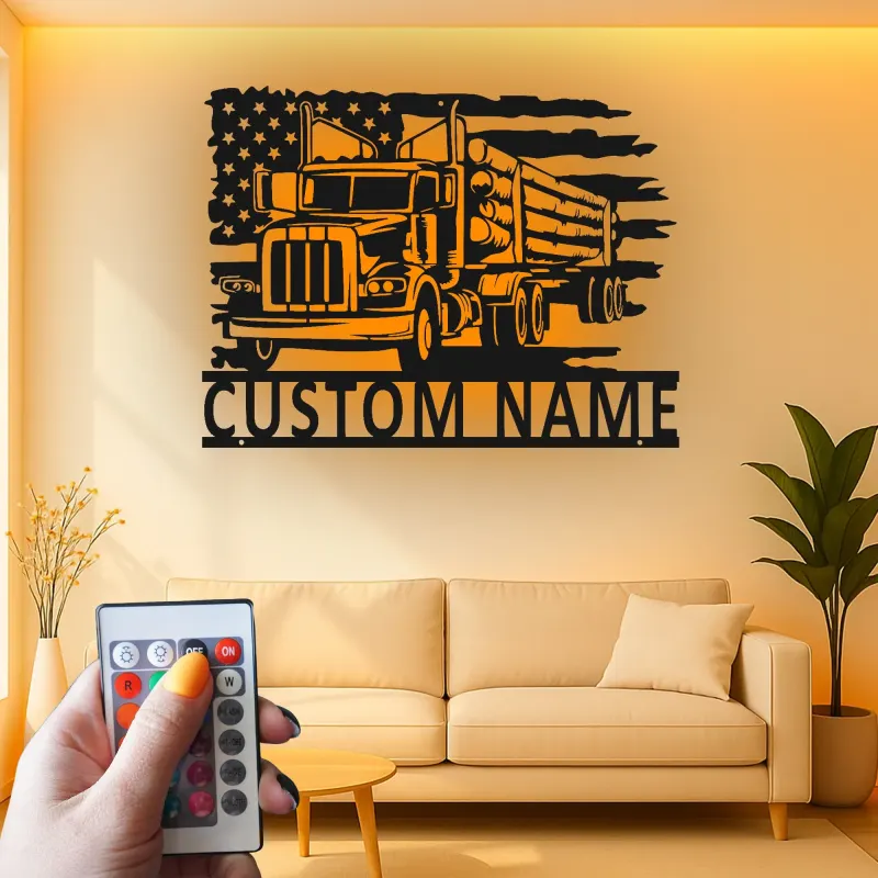 Décoration métal camion de grumes personnalisée | Plaque prénom camionneur avec LED | Décor man cave drapeau américain | Cadeau patriotique