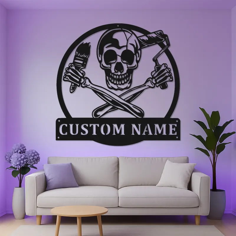 Individuelles Skull Painter Schild | Personalisiertes LED Metallschild für Studio | Gothic Wanddekoration für Künstler | Überkreuzte Pinsel- & Farbroller-Logo