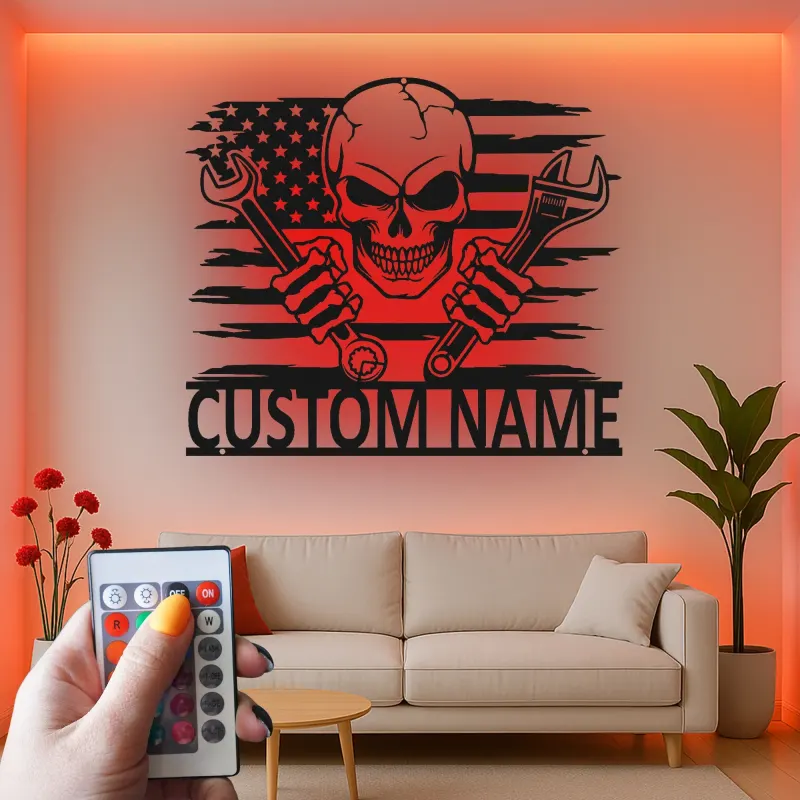 Art mural en métal LED avec crâne patriote | Panneau de garage mécanicien personnalisé | Décoration de man cave pour lui
