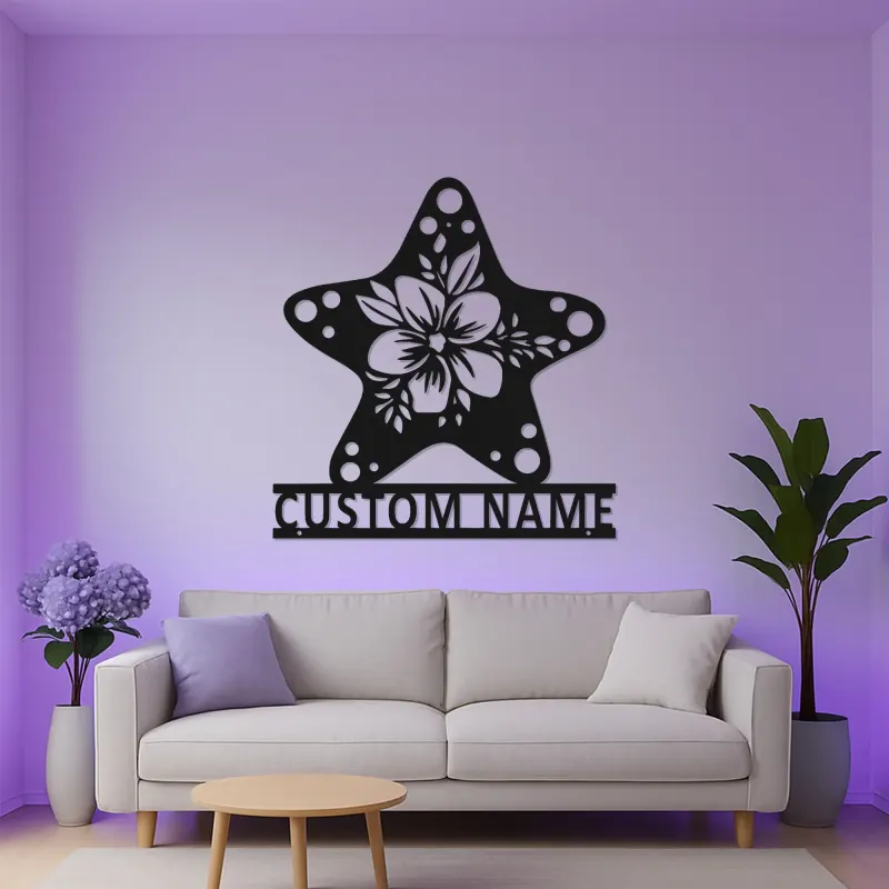 Cartel Personalizado de Hibisco y Estrella de Mar | Arte de Metal de Pared Personalizado con LED | Decoración de Casa de Playa Costera y Carteles para Salones