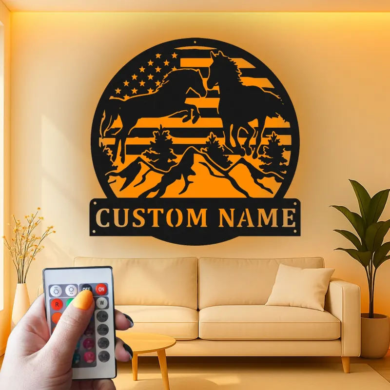 Panneau personnalisé avec cheval LED | Art en métal personnalisé pour ferme et ranch | Cadeau pour amoureux des chevaux | Décor mural avec drapeau américain