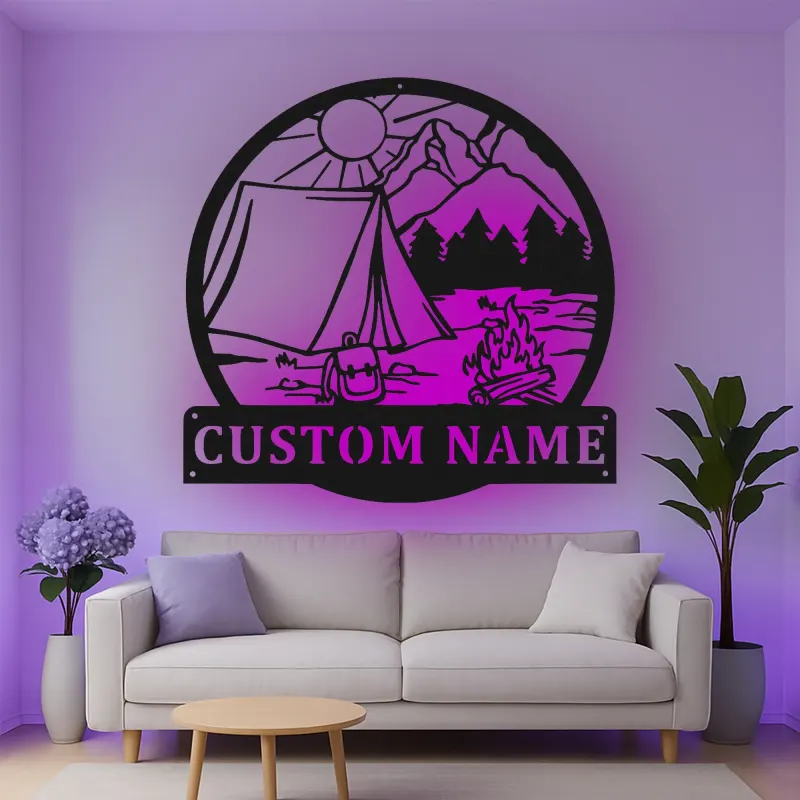 Custom Camping Scene Led Light Metal Wall Art Personalized Outdoor Enthusiast Gift Cabin or RV Decor 3