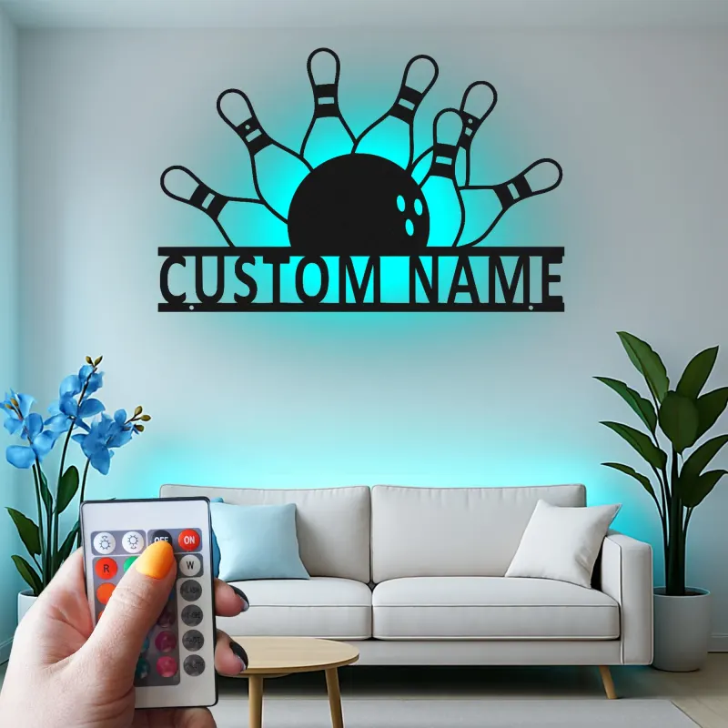 Personalisierte LED-beleuchtete Metall-Wandkunst mit Bowlingkegeln und Ball – Geschenk für Bowlingspieler und Spielzimmer-Dekor