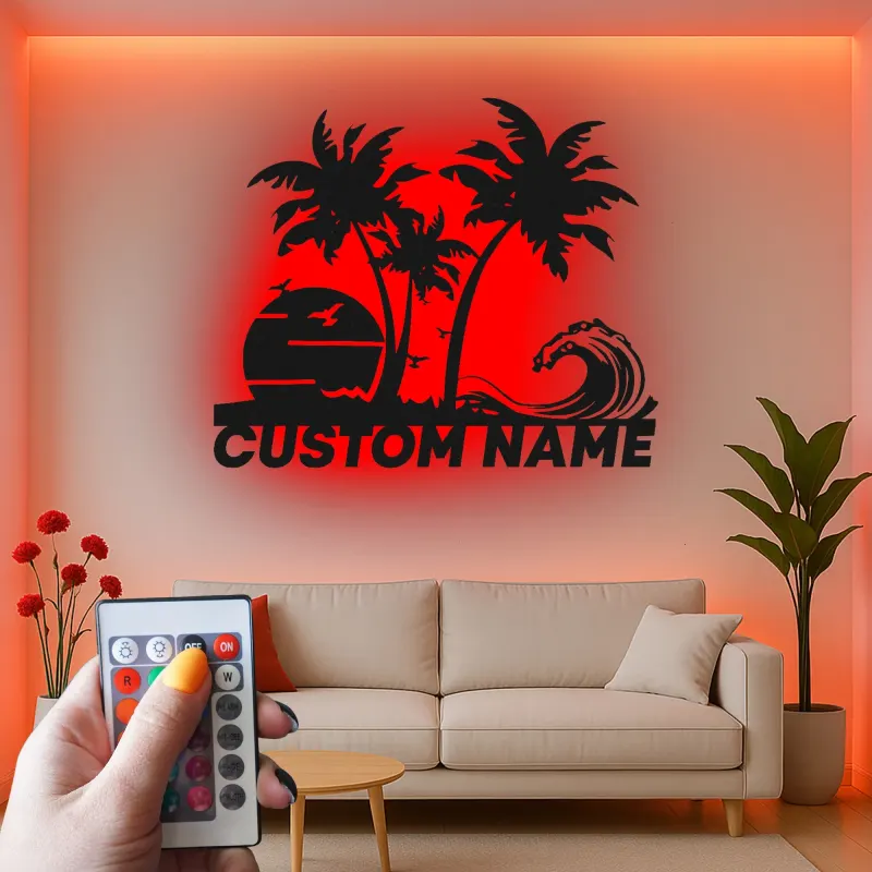 Insegna in metallo personalizzata con luce LED per scena di spiaggia - Regalo costiero personalizzato per amanti della spiaggia e decorazione tropicale