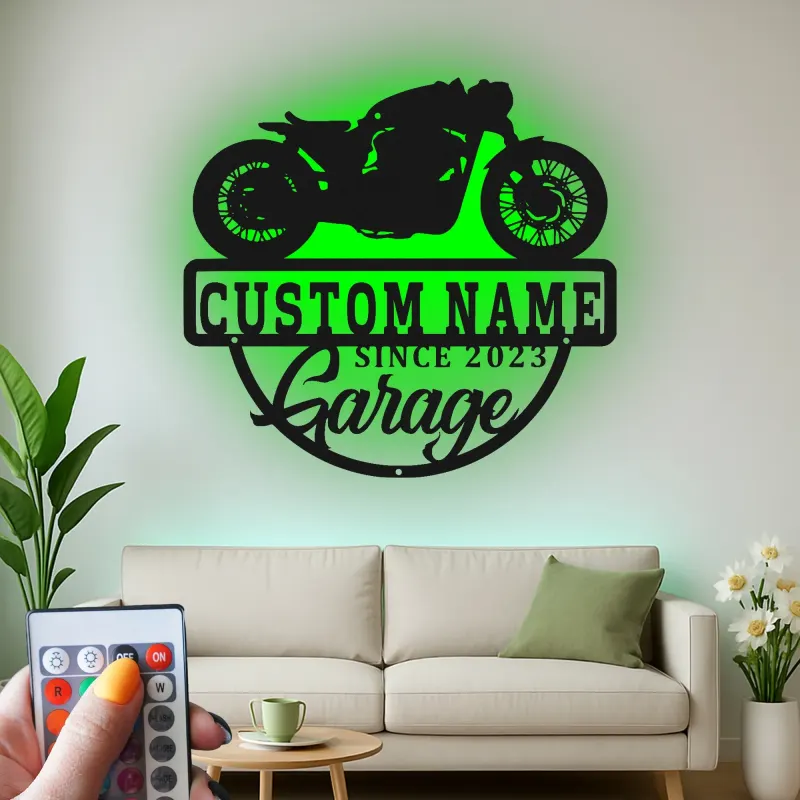 Insegna in metallo personalizzata per garage motociclistico con luce LED regalo per motociclisti decorazione per garage