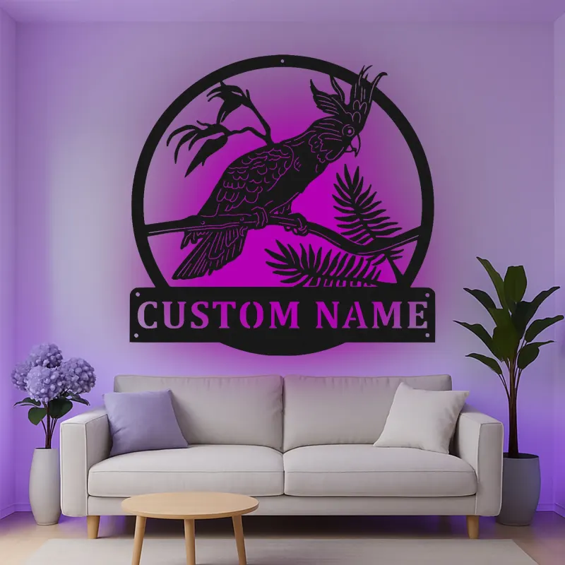 Cartel de metal personalizado de Cockatoo con luz LED Regalo para amante de aves Decoración de sala de estar o patio