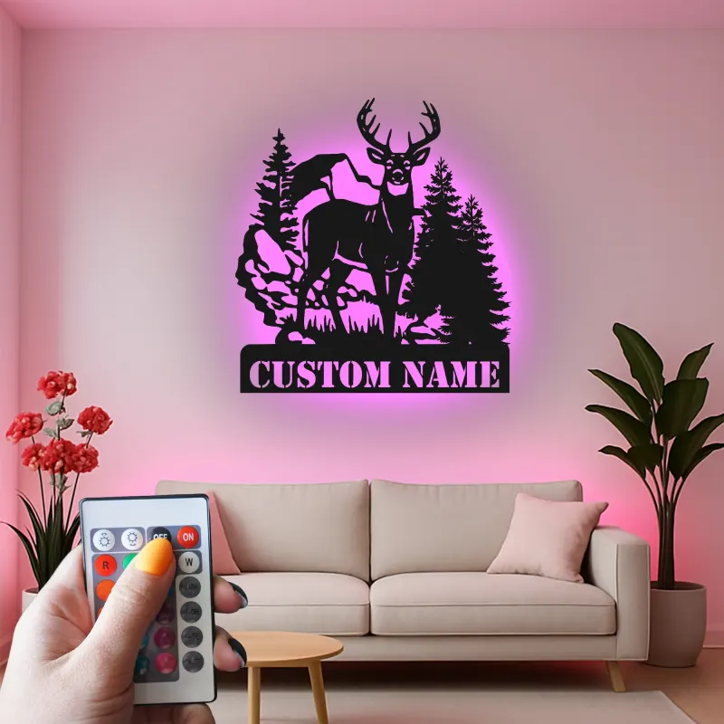 Décoration murale en métal personnalisée avec éclairage LED de forêt de cerfs - Cadeau pour les amoureux de la nature, décoration de chalet ou de pavillon 1