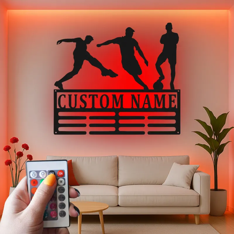 Insegna in Metallo Personalizzata per Calciatore | Arte Murale LED con Nome Personalizzato | Decorazione per Stanza di Gioco per Atleti | Regalo per Ragazzo Adolescente