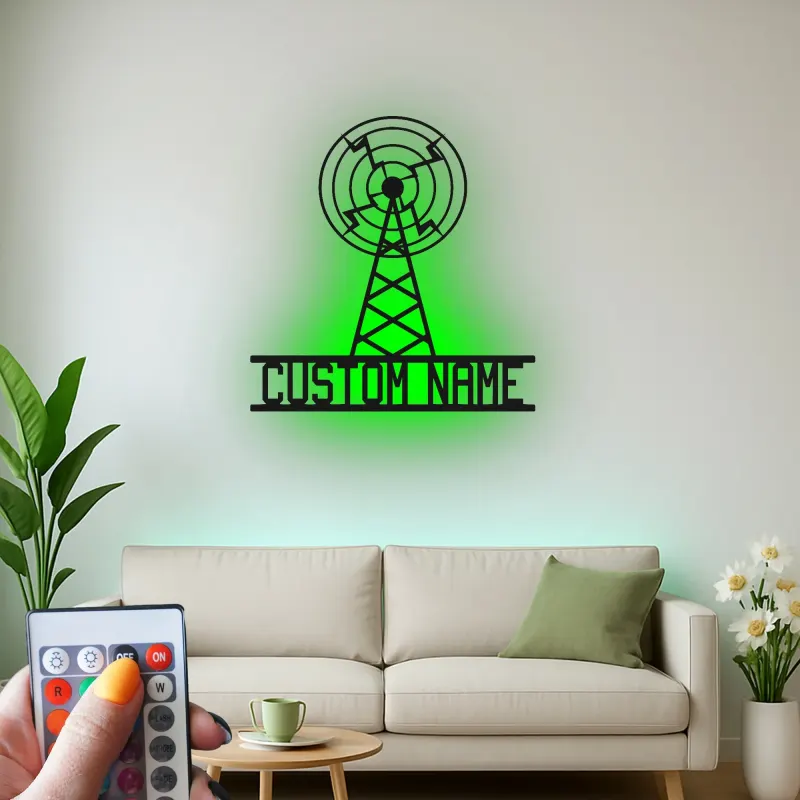 Personalisierte LED Metall-Wandkunst eines Funkmastes | Individuelles Retro-Broadcasting-Schild | Vintage Radio Antenne Dekor für Studio & Büro