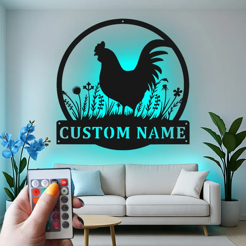 Insegna in metallo con gallo personalizzata con LED | Arte murale personalizzata per fattoria | Decorazione rustica per cucina e pollaio | Regalo per amanti dei polli